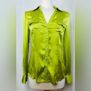 Y2K Cache Lime Neon Green Chartreuse Silk Spandex Snap Front Shirt Long Sleeve S
